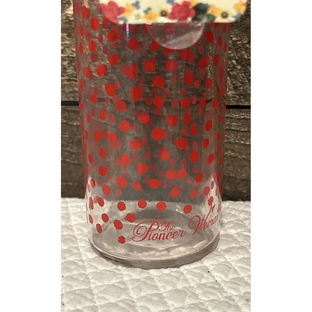 Pioneer Woman Glass Water Bottle with Red Polka Dots 20oz Bamboo Lid Rope Handle